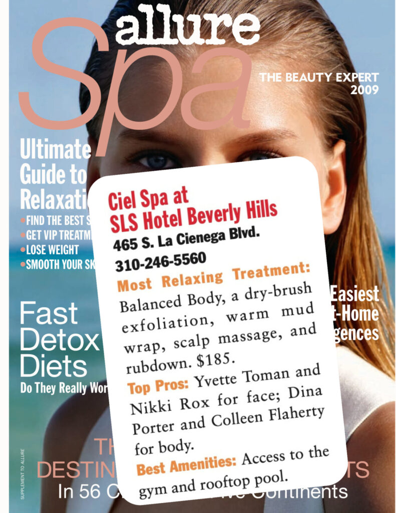 Skin Fit Rox in the Press Allure Spa magazine cover featuring Ciel Spa ad with address, phone number, and service details.