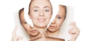 Woman's face partially obscured by aged versions of herself, representing aging or skincare.