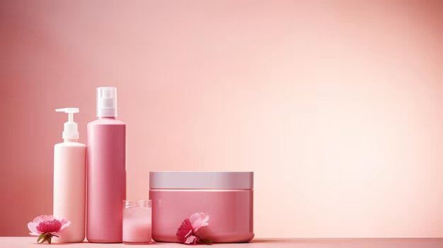 Pink skin care product bottles and jar with flowers against a soft pink backdrop.