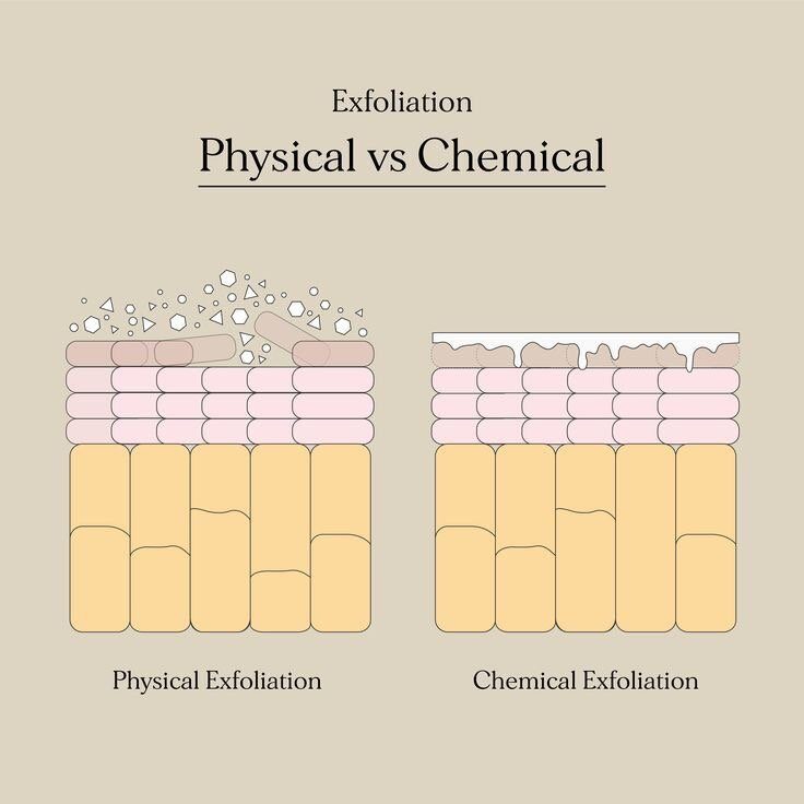 Diagram comparing physical exfoliation with abrasive particles to chemical exfoliation with a dissolving product.