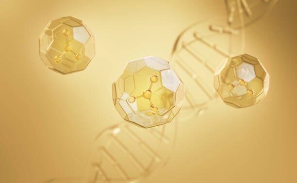 Gold polygonal shapes with molecule structures against a DNA strand backdrop.