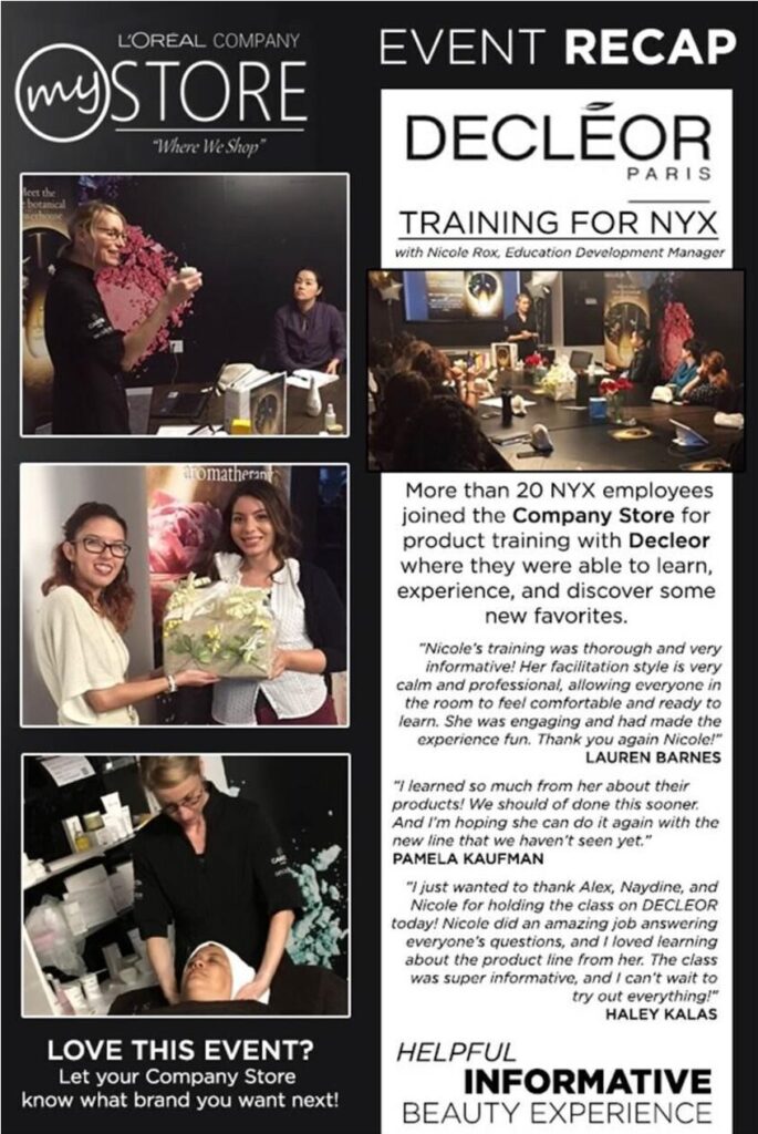 Skin Fit Rox in the Press Collage showing the L'Oreal Company Store event recap for Decleor training for NYX employees, featuring attendee quotes.