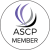 ASCP Member badge with abstract arc design in purple, grey, and black on a white circle, displayed on a black background.